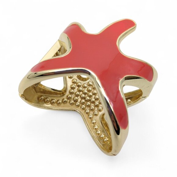 Gold Starfish Hinged Cuff Bracelet Red Enamel & Rhinestone Coastal Glam Nautical - Picture 1 of 8